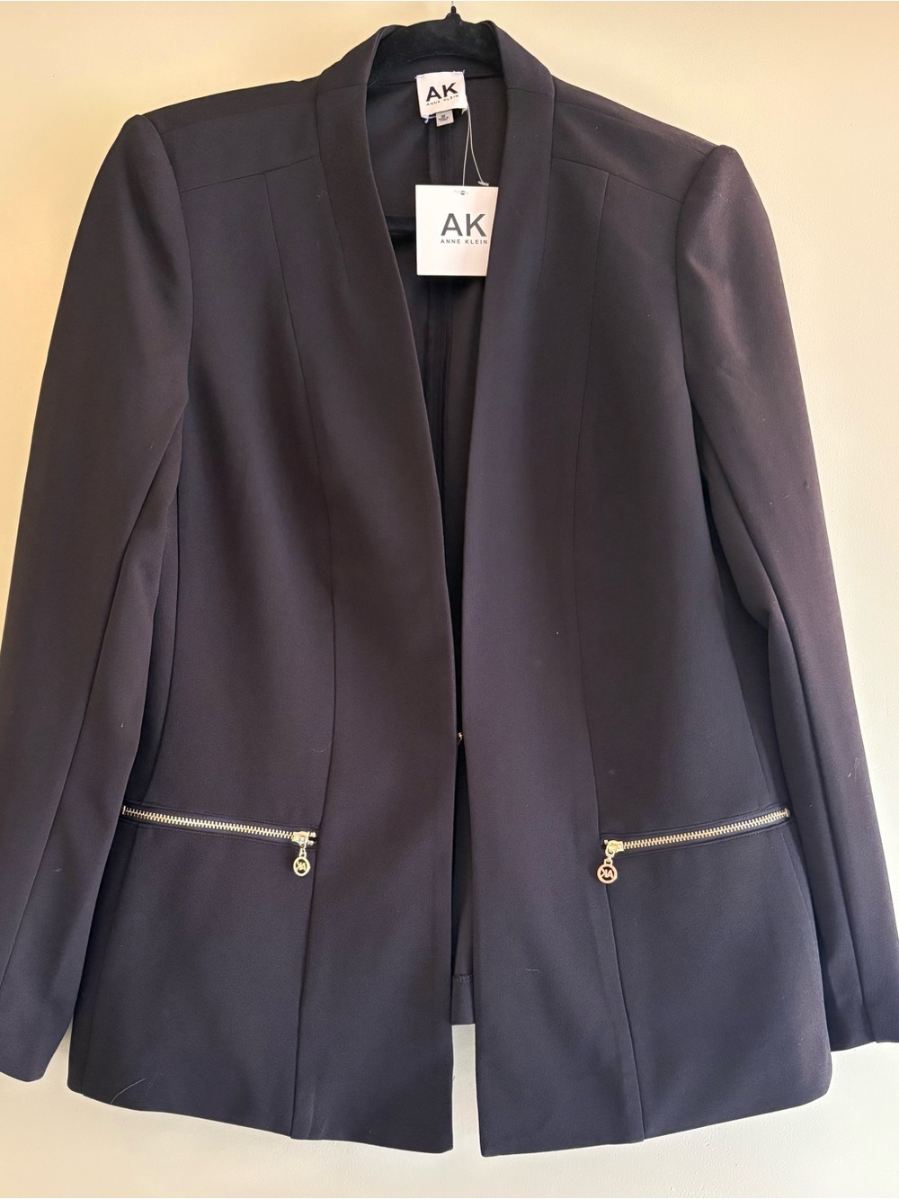 Anne Klein Black Open-Front Blazer with Gold Zipper Pockets